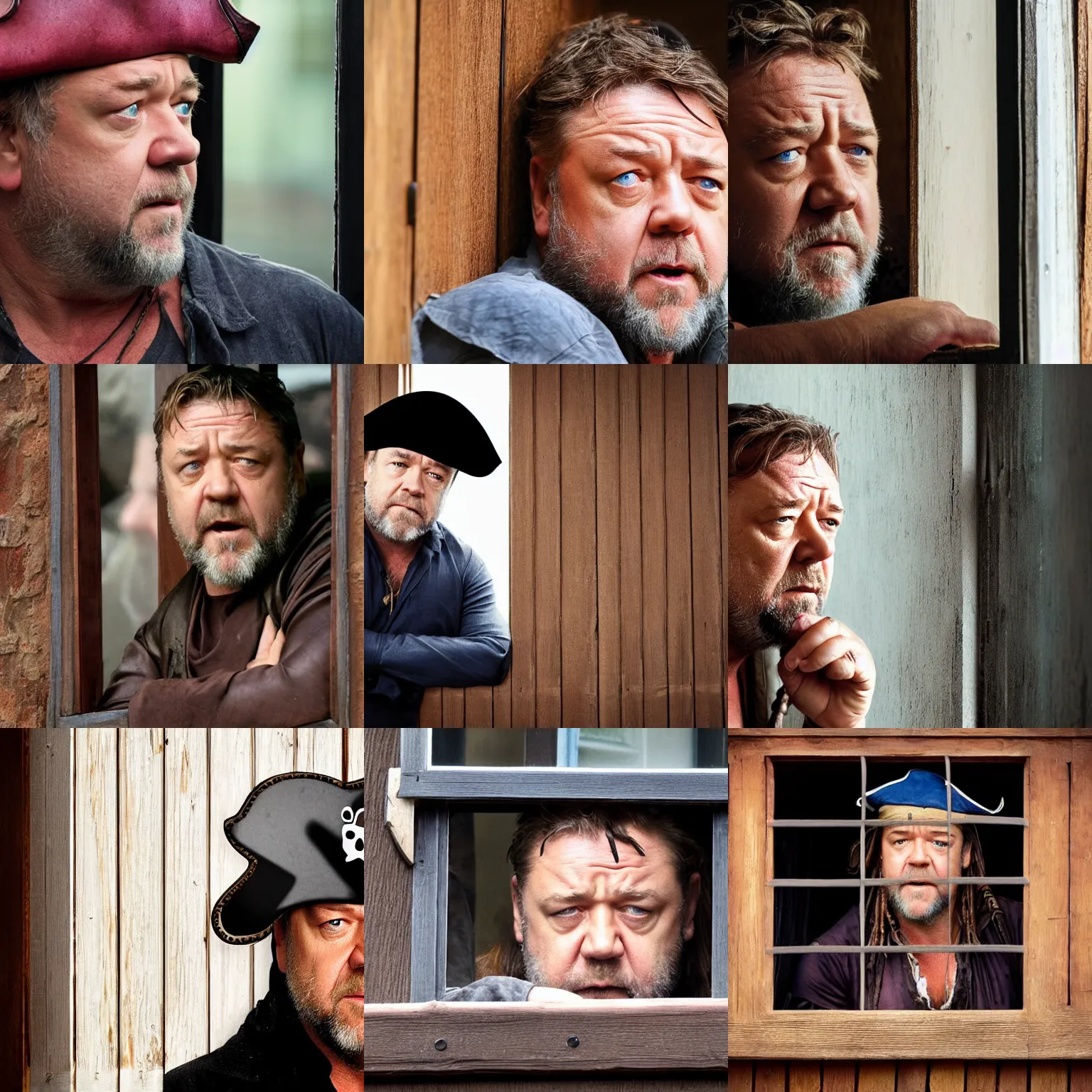 Image similar to concerned russell crowe with pirate hat peering out from a small window, wooden wall