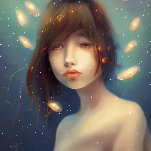 Image similar to Whimsical beautiful painting of a girl facing away, looking towards a glowing forest full of fireflies, cgsociety, trending on artstation