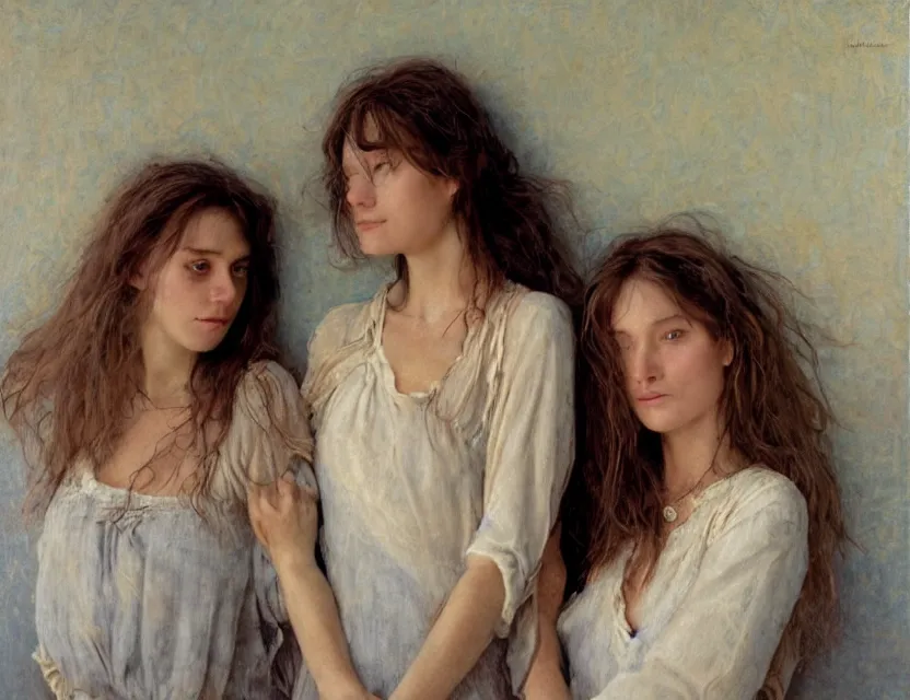 Image similar to peasant sisters with long messy hair, cottage core, cinematic focus, polaroid photo bleached vintage pastel colors high - key lighting, soft lights, foggy, by steve hanks, by lisa yuskavage, by serov valentin, by tarkovsky, 8 k render, detailed, oil on canvas