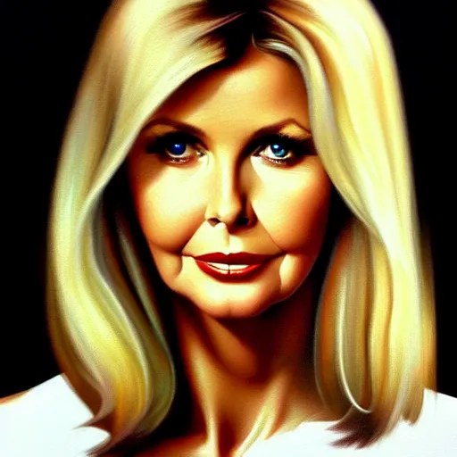 Prompt: close up face of a extremely beautiful bond female vam pire portrait, Olivia Newton-John, Masterpiece, oil on canvas, artgerm, norman rockwell, craig mulins, trending on pxiv,