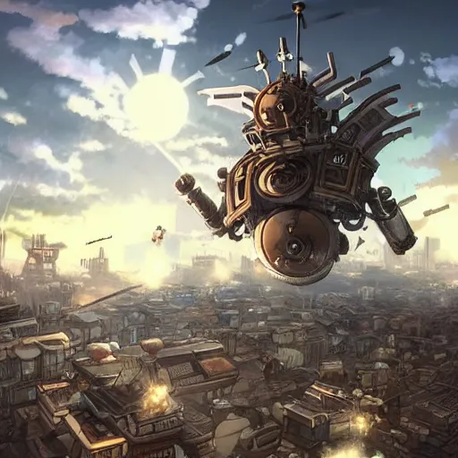 Prompt: a giant steampunk justin sun attacking a city, defense cannons can be seen trying to shoot it down, studio ghibli, anime, extremely detailed, intense, cinematic drone shot, cinematic lighting,