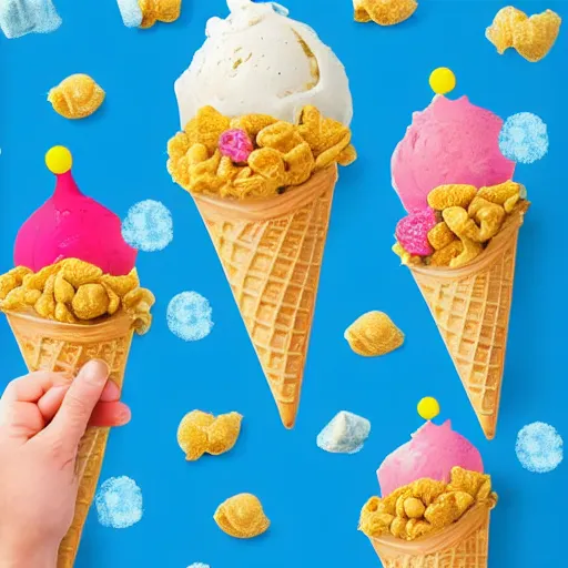 Prompt: the front of a kids cereal box for 'ice cream' cereal, featuring a levitating ice cream cone filled with pieces of cereal that resemble little ice cream cones