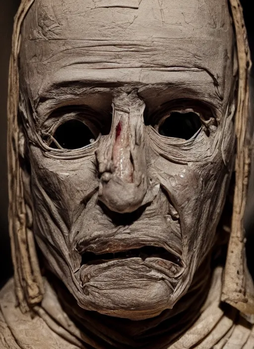 Image similar to mummified pope in his throne at the vatican, desiccated, close - up portrait, mitre, hyper realistic, sharp focus, highly detailed