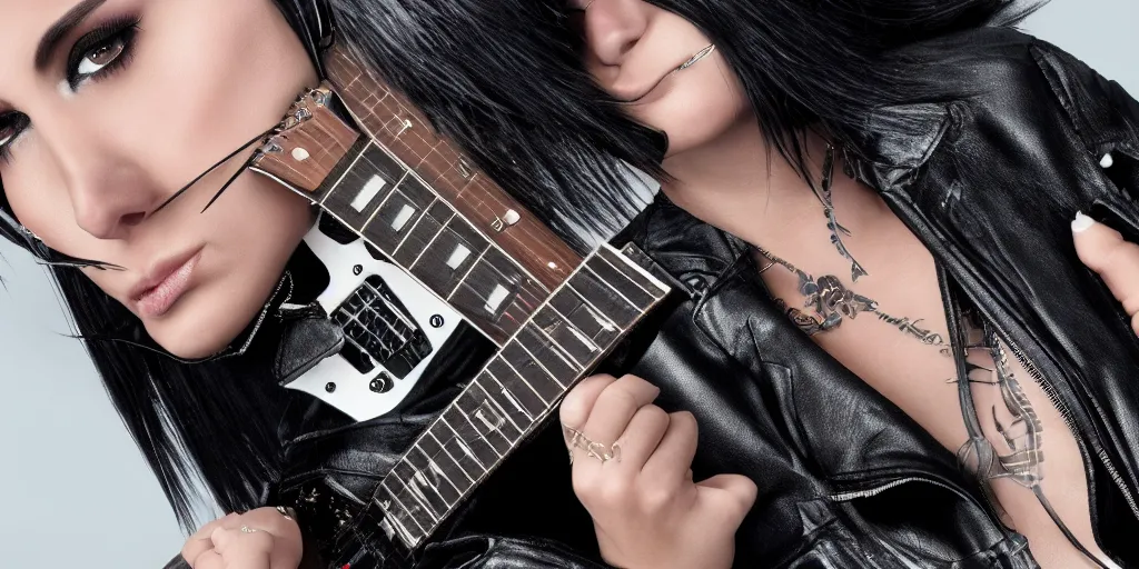 Image similar to woman with black hair and a open leather jacket playing electric guitar, intricate, highly detailed, face enhance, trending on artstation, octane render