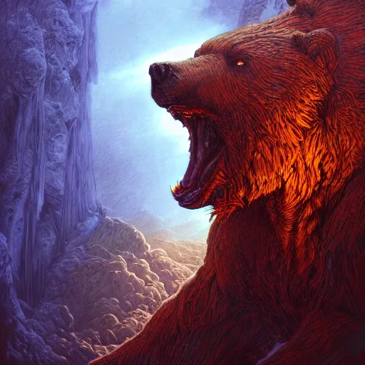 Prompt: photorealistic bear demon in the style of michael whelan and gustave dore. hyperdetailed photorealism, 1 0 8 megapixels, amazing depth, glowing rich colors, powerful imagery, psychedelic overtones, 3 d finalrender, 3 d shading, cinematic lighting, artstation concept art