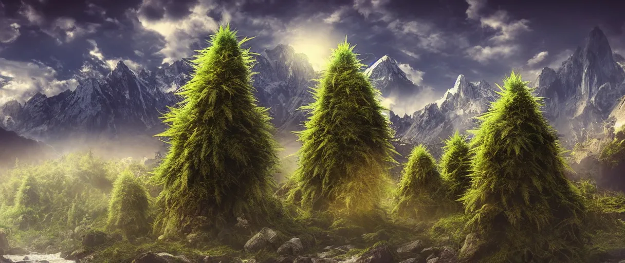 Prompt: realistic giant cannabis monster trees, mountains, river, landscape, photo, concept art, universe in the sky, cinematic lighting, 4k, wide angle, warm tones, Earth,