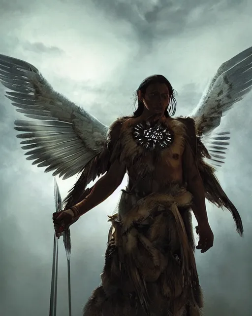 Prompt: an indigenous warrior with angelic wings, by tsuyoshi nagano, by greg rutkowski, dramatic lighting, blood, god rays, angelical, symmetrical, intricate, detailed, cinematic, masterpiece