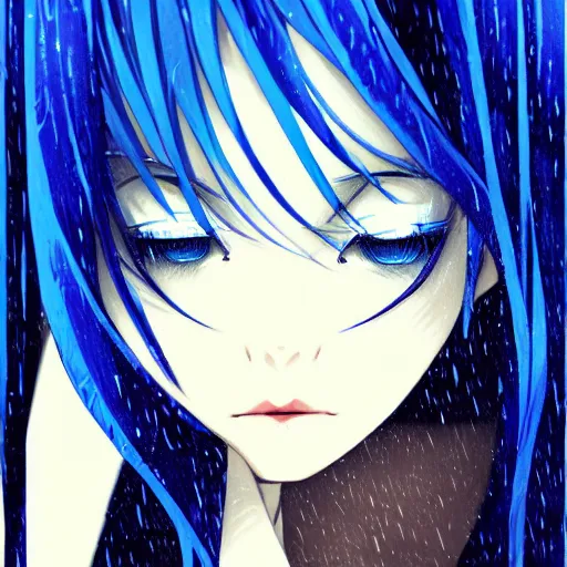 Image similar to beautiful seductive slime - girl, in the rain, highly detailed, painting, dark blue and black color palette, intricate, high quality anime artstyle, in the style of ilya kuvshinov