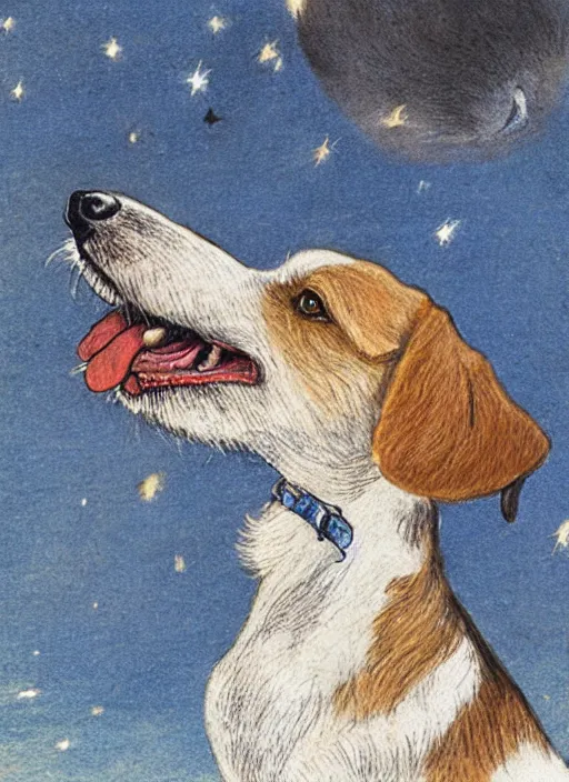 Image similar to portrait of jack russel dog looking up and howling with mouth open sad, night sky, highly detailed, side view, illustrated by peggy fortnum and beatrix potter and sir john tenniel