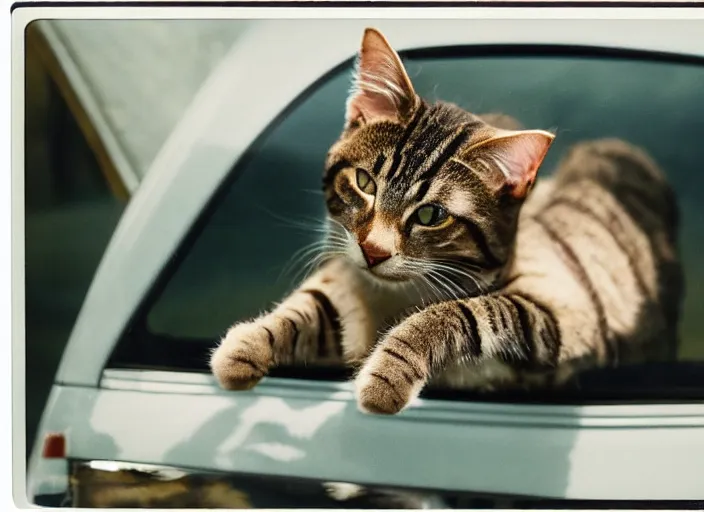 Image similar to A very high resolution image from a new movie, a cat driging around, inside of a car , mountains, Polaroid, directed by wes anderson