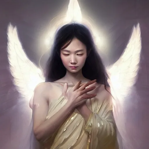 Prompt: Portrait of a Asian Goddess with angel wings, and a glowing halo, white lighting, digital art by Ruan Jia and Mandy Jurgens and Artgerm, highly detailed, trending on artstation, award winning,