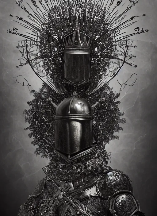 Prompt: portrait of king arthur knight with a crown with engravings, studio portrait against a black background, modern fine art, fractal, intricate, elegant, highly detailed, digital photography, subsurface scattering, in the style of ghost, by jheronimus bosch and yue minjun and giger and greg rutkowski,