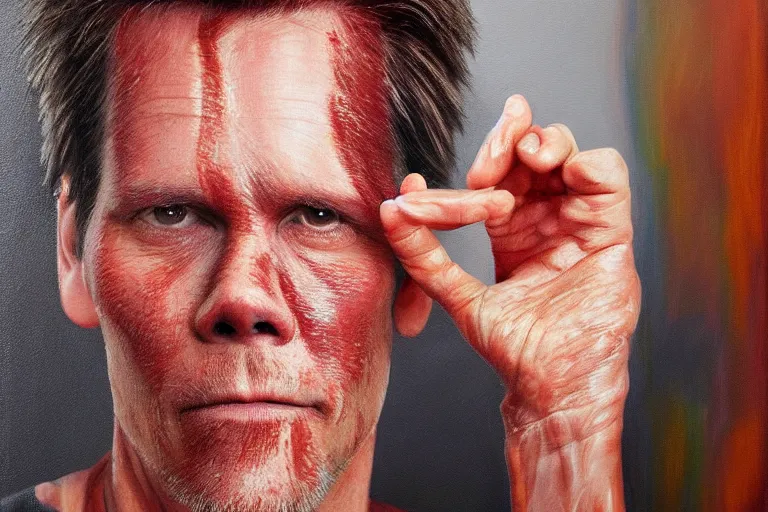 Prompt: an ultra realistic painting of kevin bacon, bacon rasher, bacon rasher wrapped around his face, 8 k, cinematic, movie still