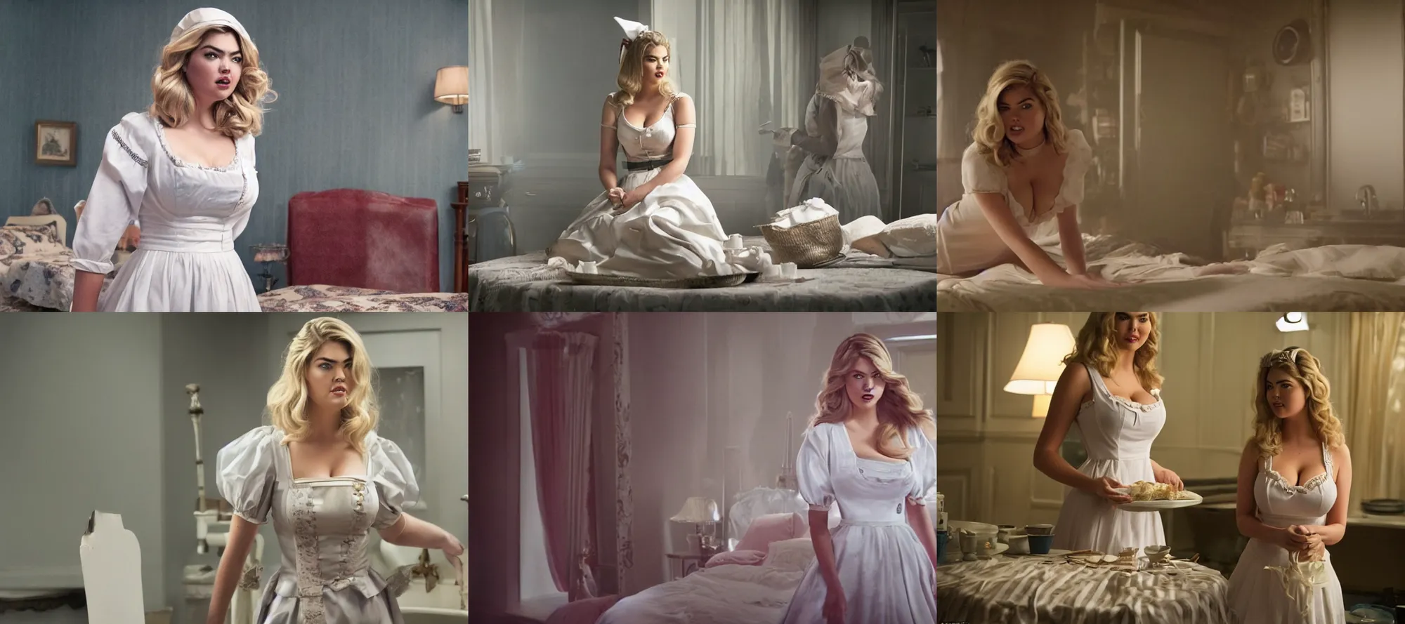 Prompt: promotional image of kate upton in a movie directed by chirstopher nolan, maid costume, movie still frame, promotional image, imax 7 0 mm footage