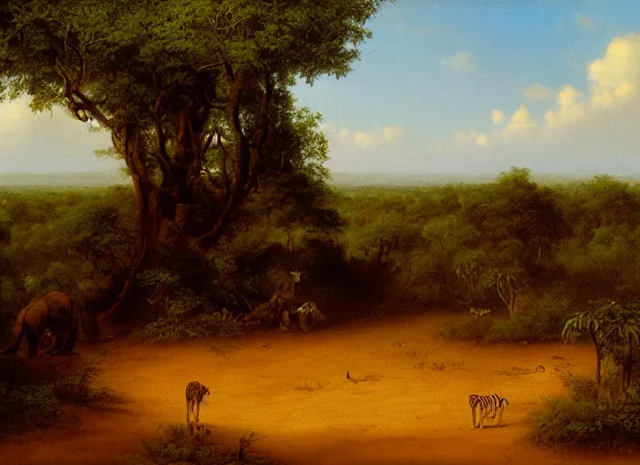 Prompt: the border of the jungle and the savannah in africa in the style of hudson river school of art, oil on canvas