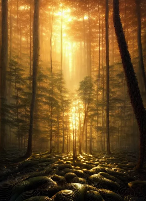 Prompt: a hyper - detailed 3 d render like a oil painting of the multidimensional forest in the golden light of dawn, surrealism!!!!! surreal concept art, lifelike, photorealistic, digital painting, aesthetic, smooth, sharp focus, artstation hd, by greg rutkowski, chris tulloch mccabe, valentina remenar and asher duran,