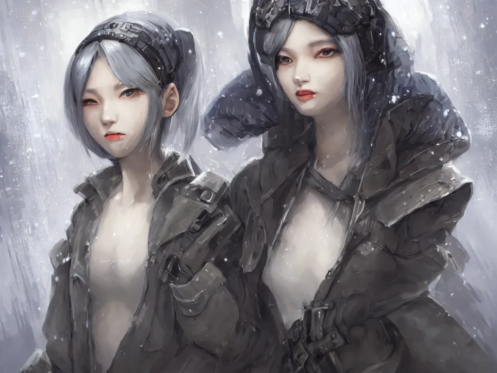 Prompt: portrait cyber warrior girl by yoda and shal. e and yam, by luker and ライコ and zumi on pixiv, grey hair dieselpunk wardrobe, in tokyo street cyberpunk snowy night, ssci - fi and fantasy, intricate and very very beautiful and elegant, highly details and digital painting, artstation, concept art, smooth and sharp focus