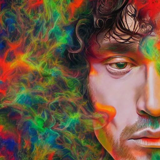 Image similar to colour masterpiece surreal closeup portrait photography jim morrison by miho hirano and annie leibovitz and michael cheval, psychedelic smoke background, 8 k