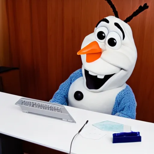 Image similar to a photo of olaf from frozen, working behind a desk, in an office, doing computer work and being bored and sad.