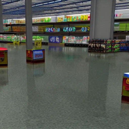 Prompt: flooded walmart, ps 2 game screenshot