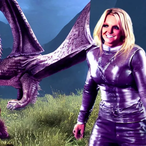 Prompt: Britney Spears fights a dragon in Skyrim