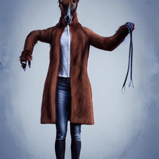 Image similar to concept art of hybrid human and horse wearing coat, anthropomorphic horse wearing a coat and standing on two legs like human, digital art, photo realistic, highly detailed