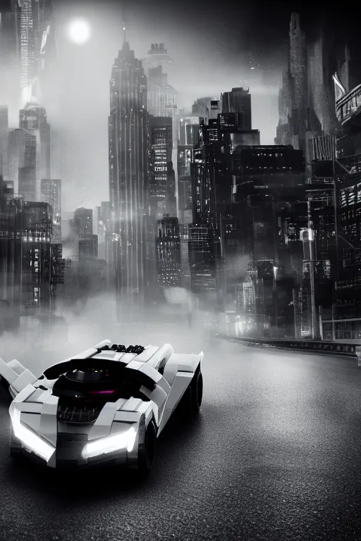 Prompt: the lego batmobile driving through gotham city at night. fluorescent light. pov from behind the wheel. octane render. 8 k. monochrome. black and white. mist. atmospheric. cinematic. hdr, raytracing, global illumination. a matte painting by ash thorp.