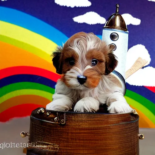 Image similar to highly detailed photograph of a light brown and black havanese puppy in a steampunk helmet riding a rocket ship over a rainbow