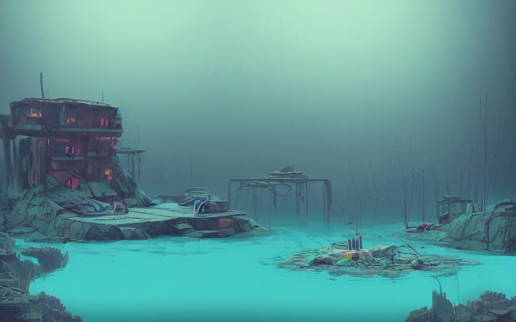 Prompt: digital illustration of a sunken abandoned campsite, under water, very detailed, 4 k, 8 k, sharp focus, surrealism, art deco, vibrant color scheme, cinematic, cgsociety, trending on artstation, deviantart, by beeple