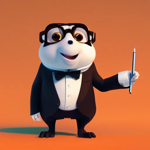 Image similar to brown marmot in a tuxedo while holding a pencil looks to the camera, pixar character, digital art, 3 d rendered in octane, blender, maya, shadows, lighting, cute