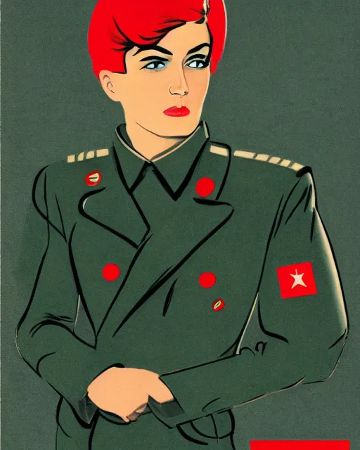 Image similar to androgynous transmasc model in soviet uniform, soviet propaganda poster design, cccp, soviet union propaganda