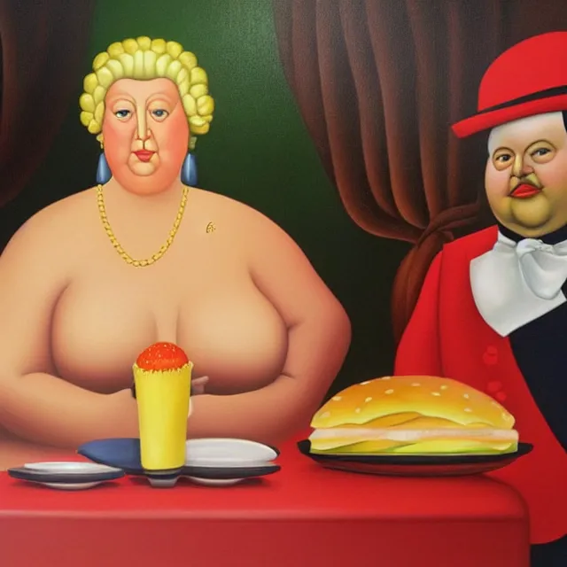 Prompt: a fernando botero painting of queen elizabeth at mcdonald's