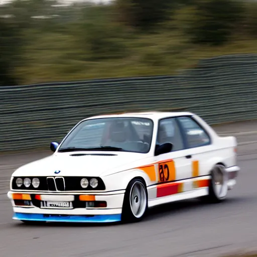 Image similar to a rolling shot of a modified bmw e 3 0 with lights on, on a street race track, motion blur, 1 5 0 mm lens