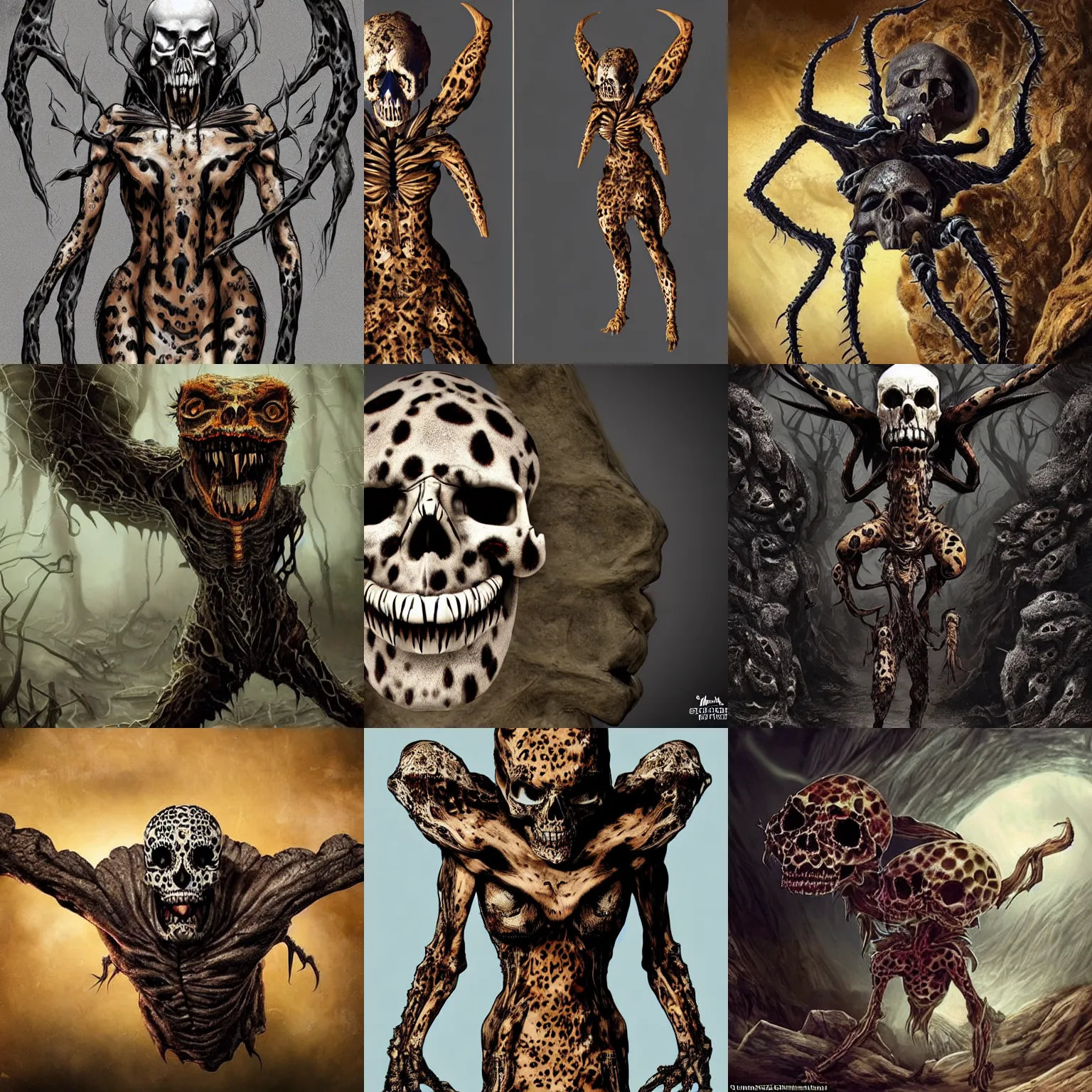 Image similar to Skull that look too much like skull!, crypt lurker!!, grasp of darkness!!!, pitchburn devils, giant terrestrial starfish!!!!!, 8k CG character rendering of a spider-like hunting female on its back, fangs extended, wearing a leopard-patterned dress, set against a white background, with textured hair and skin.