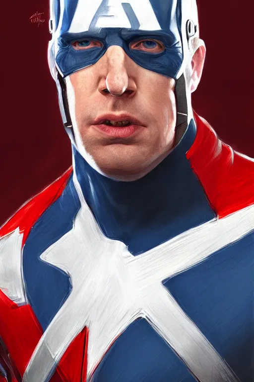 Image similar to Boris Johnson as Captain America, realistic portrait, symmetrical, highly detailed, digital painting, artstation, concept art, smooth, sharp focus, illustration, cinematic lighting, art by artgerm and greg rutkowski and alphonse mucha