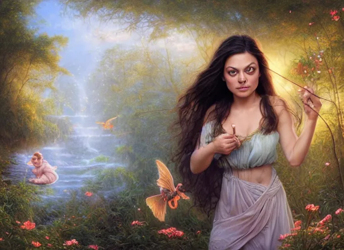 Image similar to Mila Kunis staring into the camera singing a lullaby, fireflies, full moon, Lilia Alvarado, Sophie Anderson, Mark Arian, Bob Byerley, Charlie Bowater, Mark Brooks, Steve Henderson, Justin Gerard, Arthur Hughes, Edward Robert Hughes, Mark Keathley, Victor Nizovtsev, Carlos Shwabe, Ross Tran, WLOP