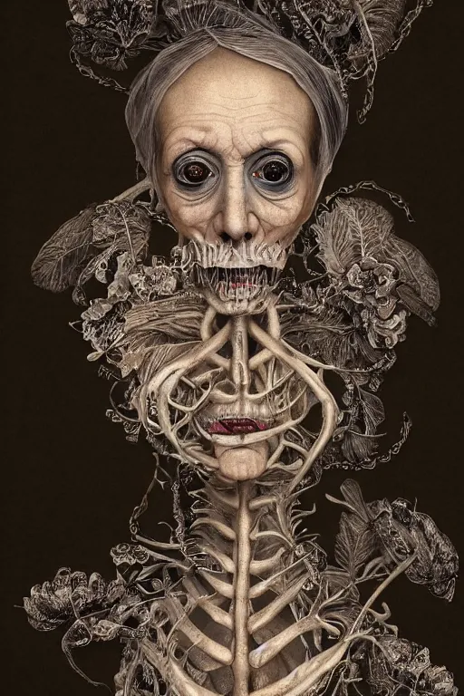 Image similar to Detailed maximalist portrait of a beautiful old woman with large lips and eyes, scared expression, botanical skeletal with extra flesh, HD mixed media, 3D collage, highly detailed and intricate, surreal illustration in the style of Caravaggio, dark art, baroque, centred in image