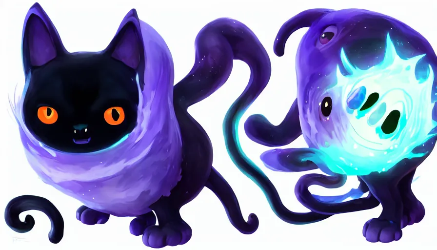 Image similar to a digital art portrait of black slime cat character design from ori and the blind forest, cute liquid ink cat character sheet, 4 k, ultra detail, volumetric lighting, unreal engine, octane render