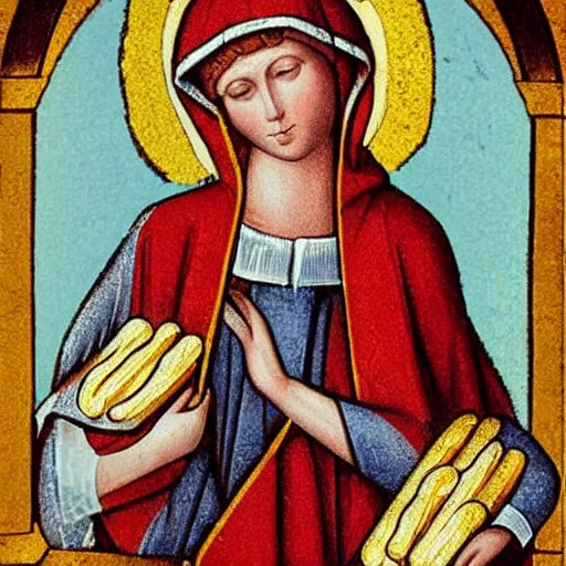 Image similar to christian art, mary holding a large pile of candy