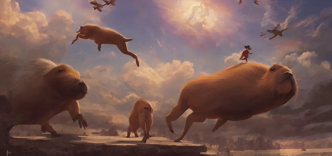 Prompt: A beautiful digital fantasy painting of a giant floating capybara migrating across the sky, trending on artstation, by Stanley Artgerm Lau, WLOP, Rossdraws, James Jean, Andrei Riabovitchev, Marc Simonetti, and Greg Rutkowski