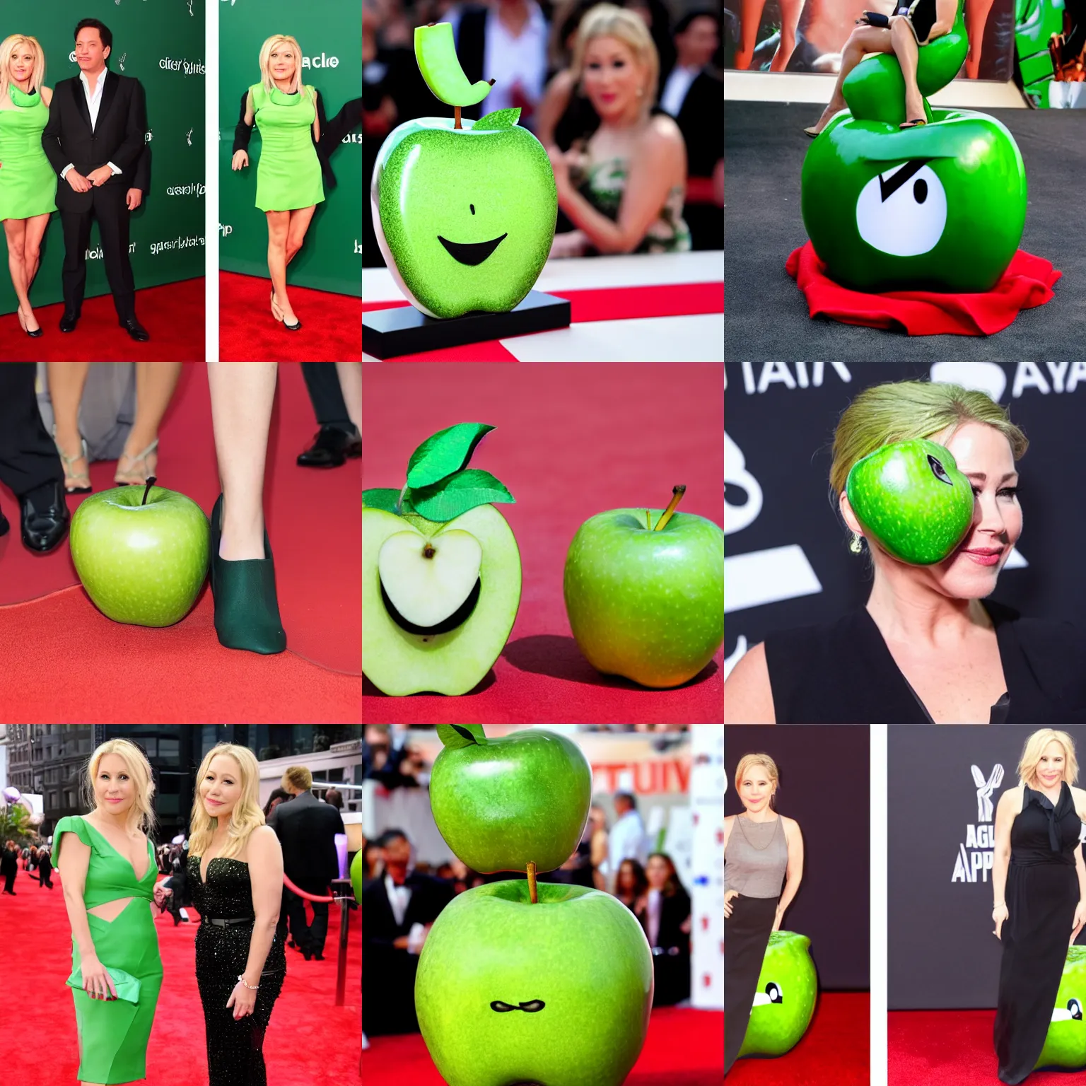 Prompt: a green apple with legs and the head of christina applegate on top of it, photography, red carpet