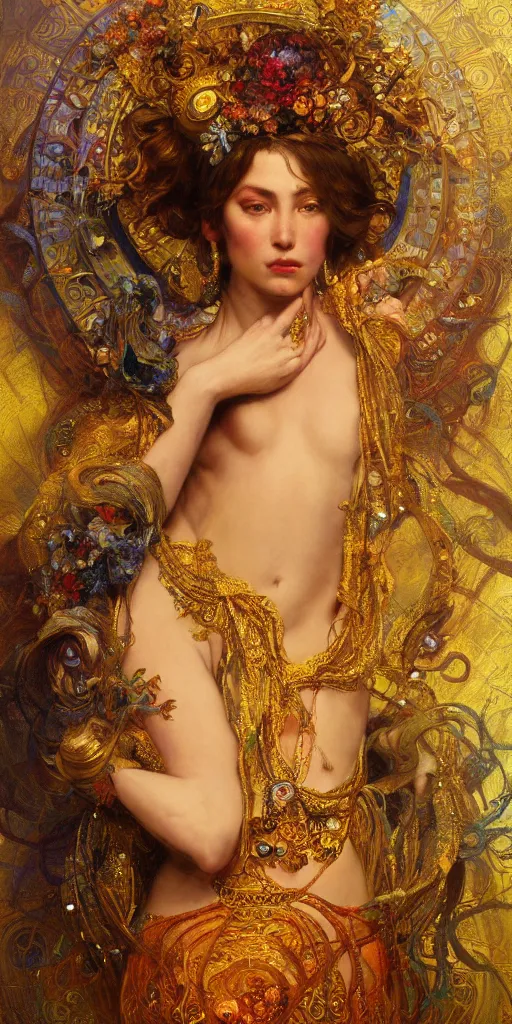 Image similar to an intricate painting of a beautiful goddess with an artistic pose, hyper - detailed, ornamental gold headpiece, octane render, vivid colors, artstation, by jeremy mann, by alphonse mucha, by boris vallejo, by gustav klimt