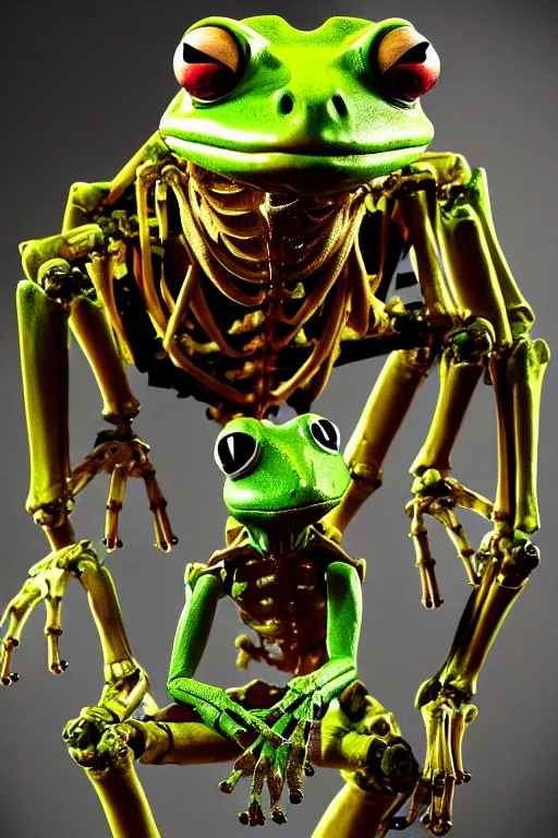 Prompt: movie poster of kermit the terminator, chromatic humanoid skeleton frog skeleton hybrid, robot, ultra realistic, cinematic lighting hd photography,