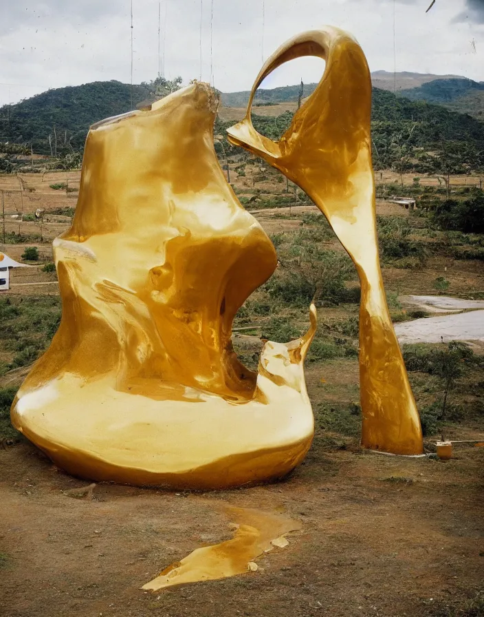 Prompt: vintage color photo of a massive liquid gold sculpture in a south american rural town with white walls, still of a werner herzog documentary