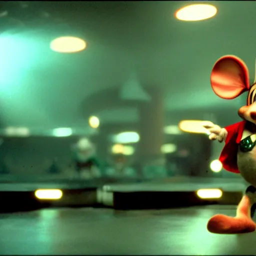 Image similar to Still of Chuck E. Cheese mouse mascot, casino interior, in the movie Blade Runner, cinematic lighting, 4k