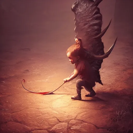 Prompt: a child dragging a demon by its horns, photorealism, elegant, highly detailed, digital painting, concept art, smooth, sharp focus, art style from Greg Rutkowski and Bruce Kaiser and Scott Robertson and Dmitry Mazurkevich and Doruk Erdem and Jon Sibal, 8k, unreal engine, octane render