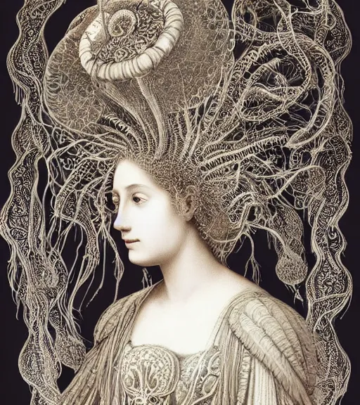 Image similar to portrait of a beatiful young goddess with intricate jellyfish headdress, dark background, intricate hyper detailed art by ernst haeckel,