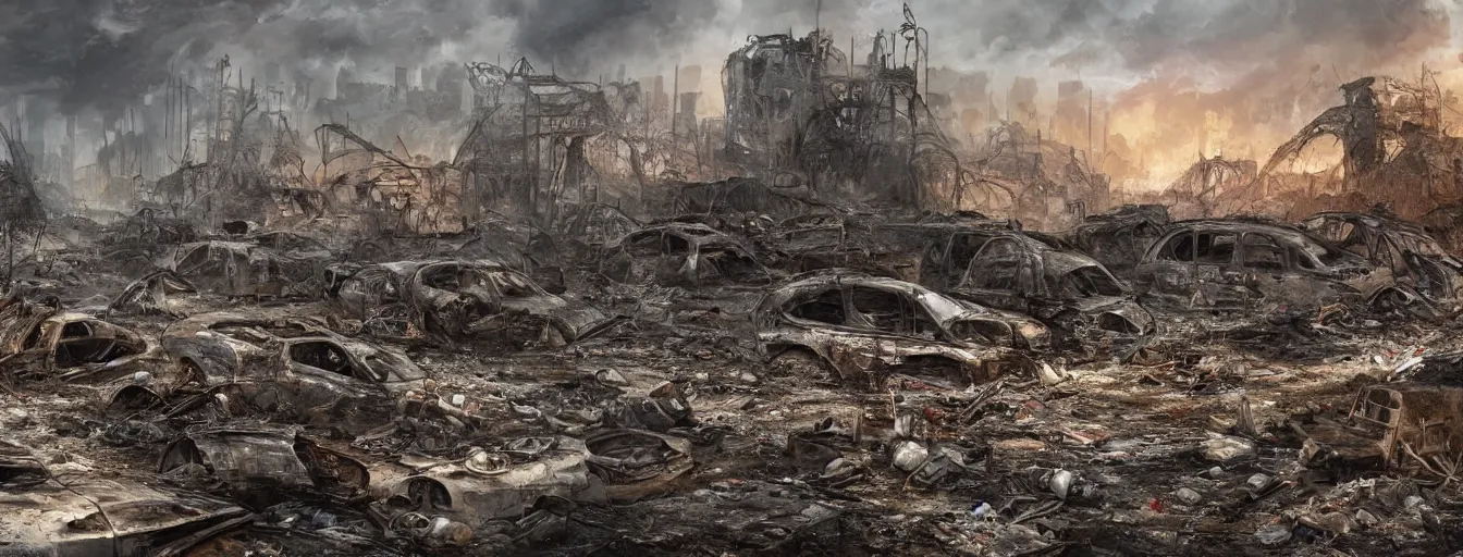 Prompt: vision of an apocalyptic ruined landscape, after the explosion of the hydrogen tanks, waste, total destruction, detailed drawing of total devastation, collapsed houses, broken forests, burnt remains of cars and garbage, high detail, saturated colors, by james paick, render unreal engine - h 7 0 4