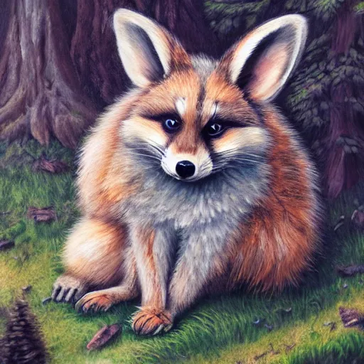 Image similar to cute fluffy hybrid animal cross between fox, raccoon, and lop eared bunny rabbit sitting in a forest landscape detailed painting 4 k