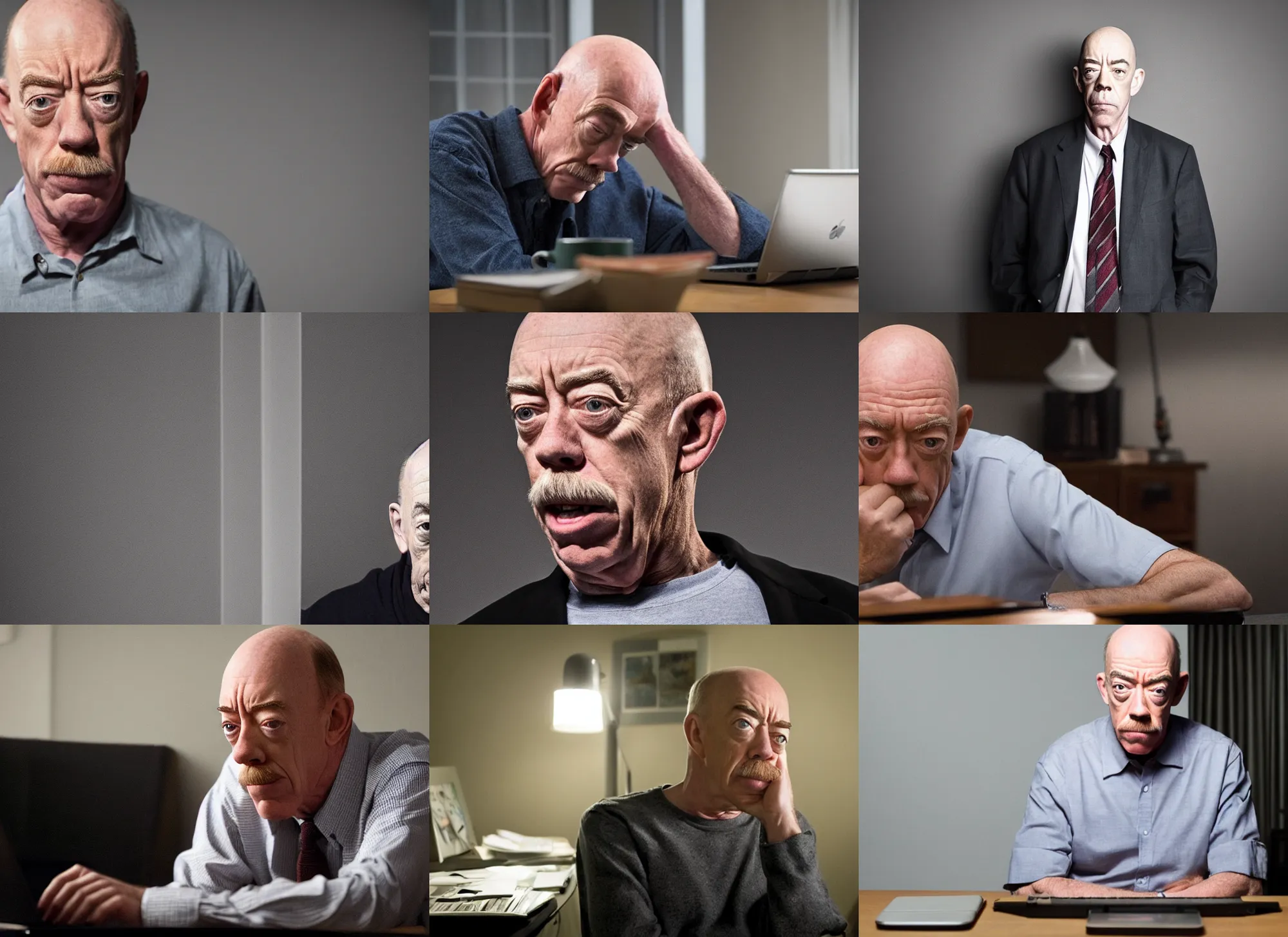 Prompt: unhappy jk simmons despairing over his laptop screen, dark hazy room, night time